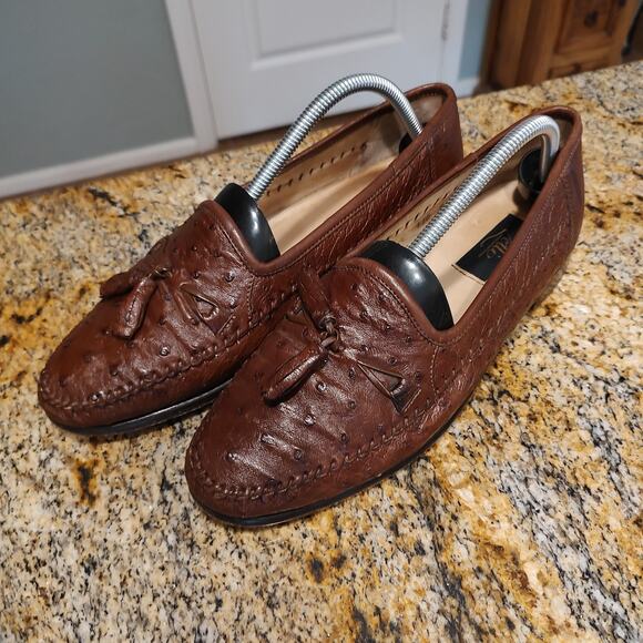 Zelli Brown Ostrich Leather Loafers Size 9M ID 110 - Picture 1 of 16